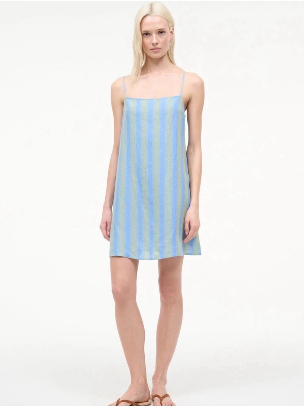 NWT Staud laure linen Striped Blue & Green mini dress M